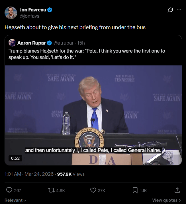 Jon Favreau reacts to Pete Hegseth taking responsibility for Operation Epic Fury