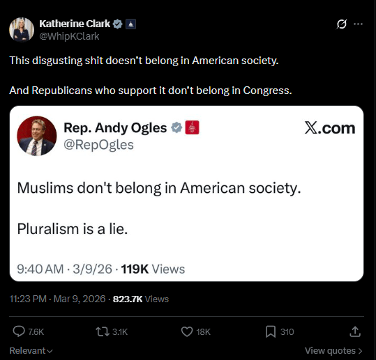 Katherine Clark denounces Islamophobia on X
