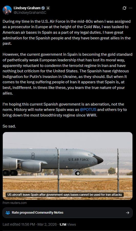 Lindsey Graham chastises Spain for not agreeing to Trump's war in Iran