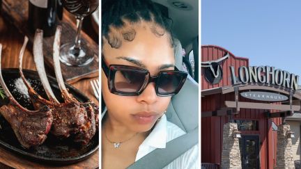 lamb chops (l) woman shares experience (c) Longhorn steakhouse entrance (r)