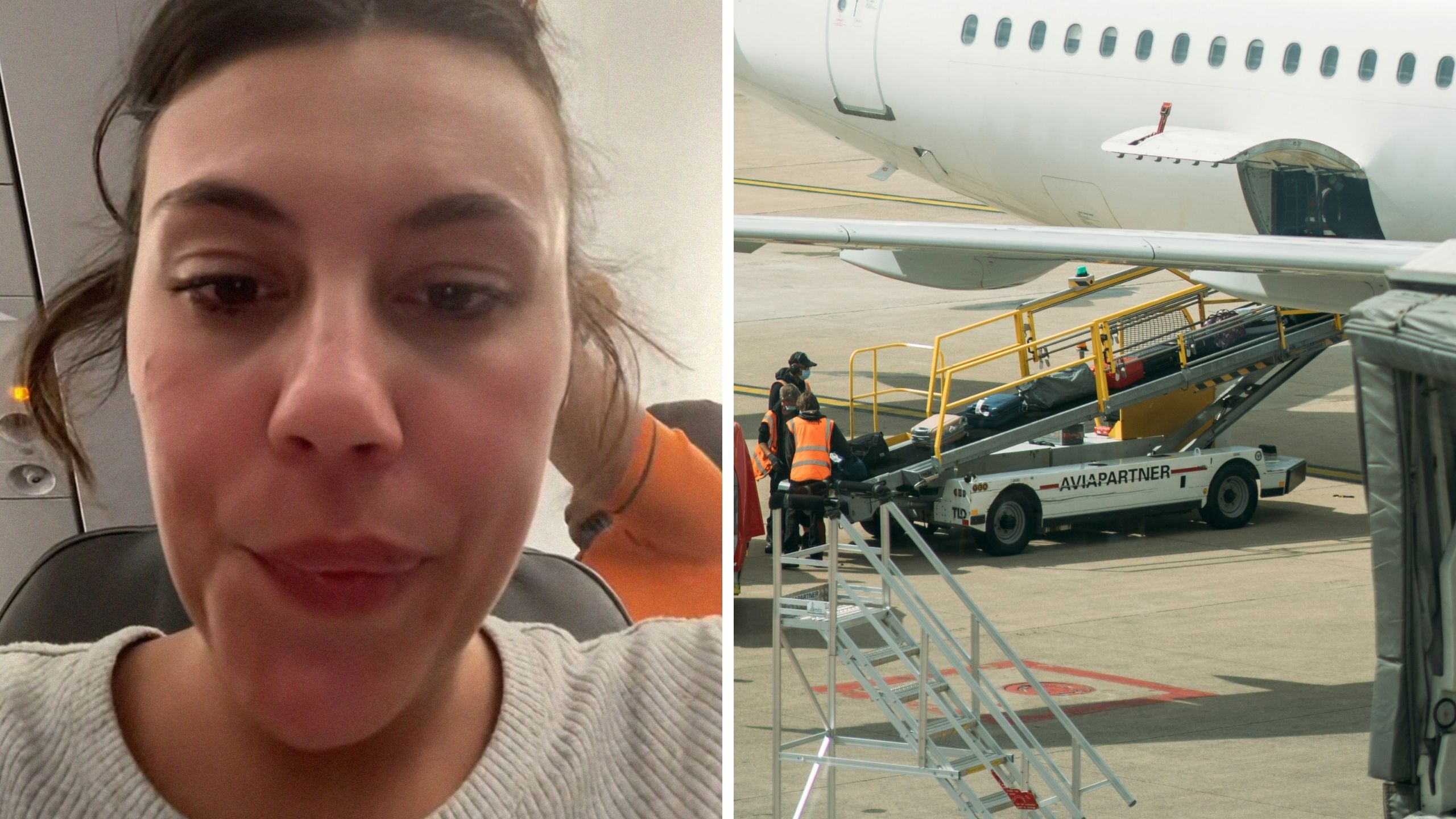 woman shares flight experience (l) luggages being loaded into aircraft (r)
