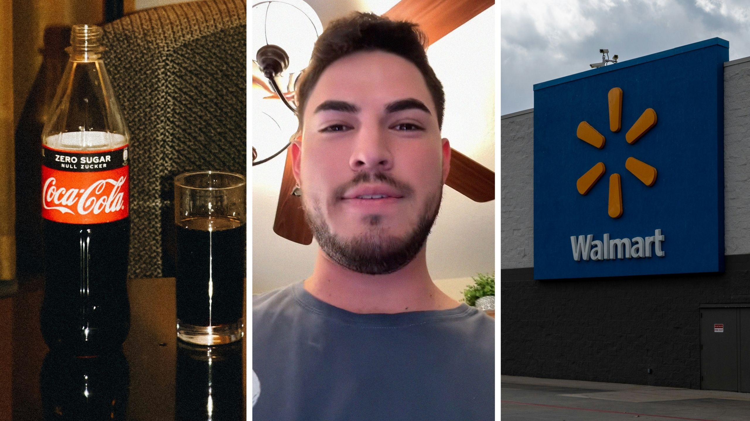coke zero (l) man shares wife purchase (c) walmart storefront (r)