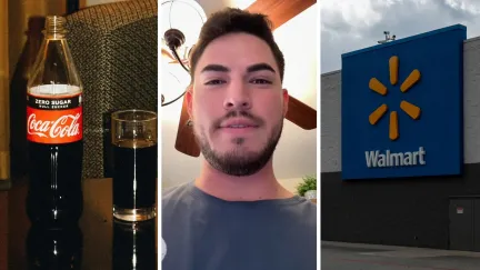 coke zero (l) man shares wife purchase (c) walmart storefront (r)
