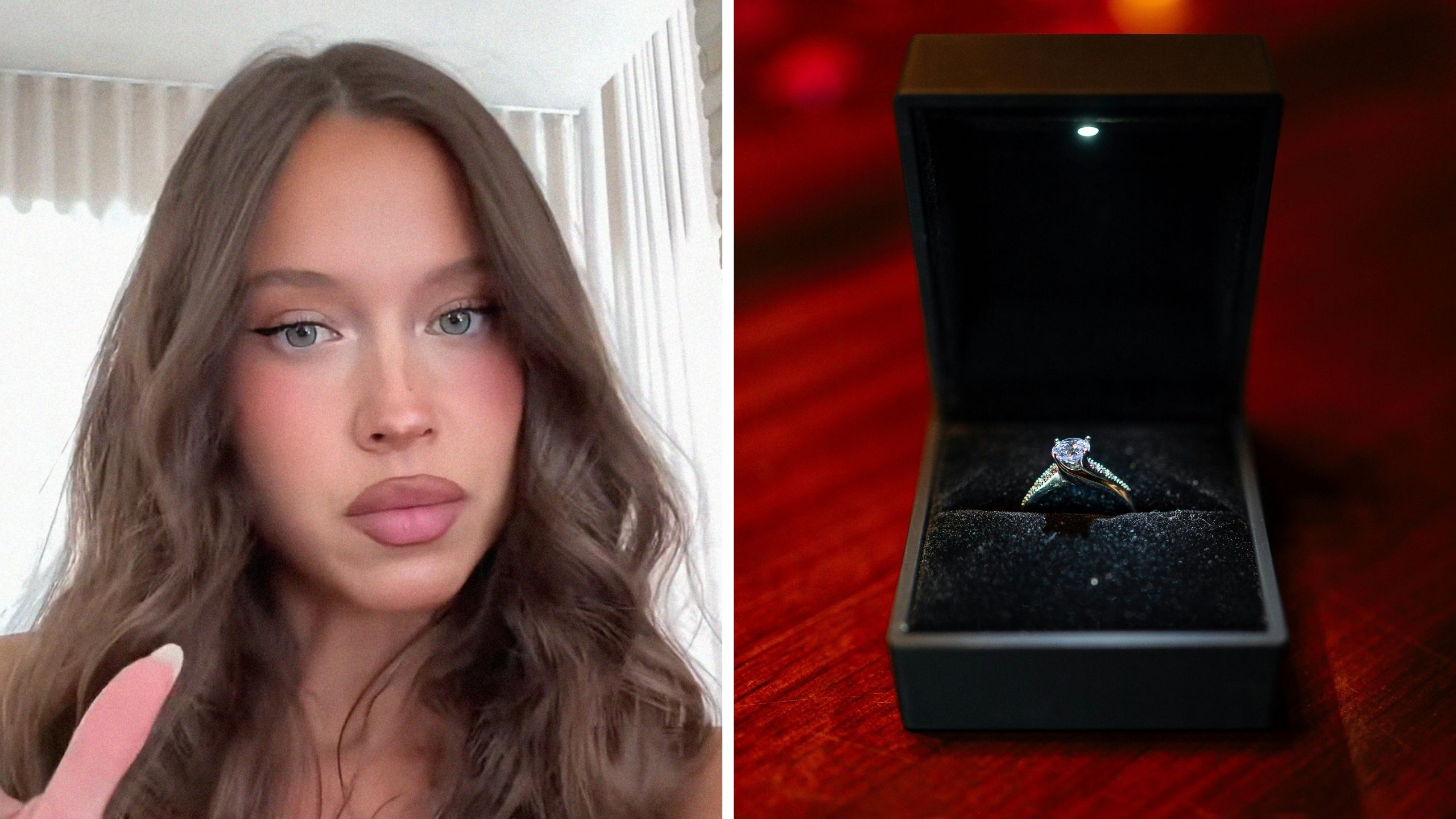 woman shares proposal story (l) proposal ring box (r)