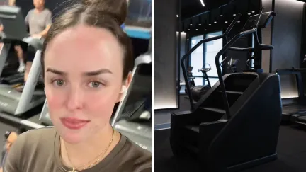 woman shares gym experience (l) gym stepper machine (r)
