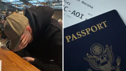 man shares major traveling issue (l) passport and boarding pass (r)