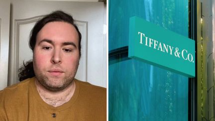 man shares jewelry shopping experience (l) Tiffany & Co. store entrance (r)