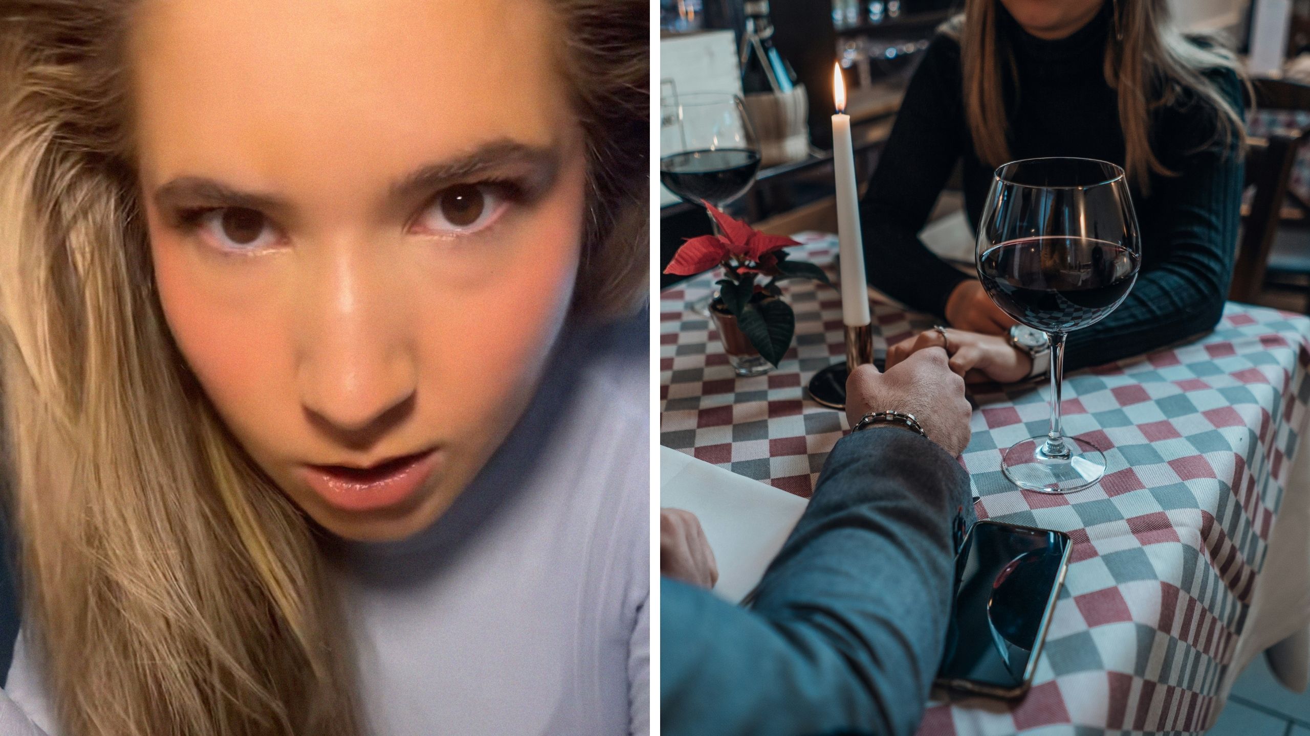 woman shares couple's dinner story (l) couple dining out for birthday celebration (r)