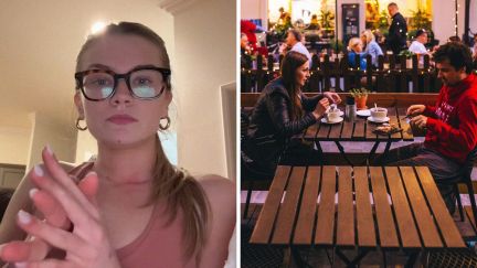 woman shares bad date experience (l) man and woman at dinner date (r)