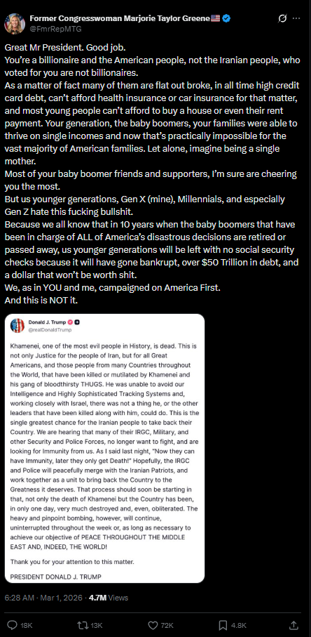 MTG opposes Trump's war on Iran, citing affordability crisis