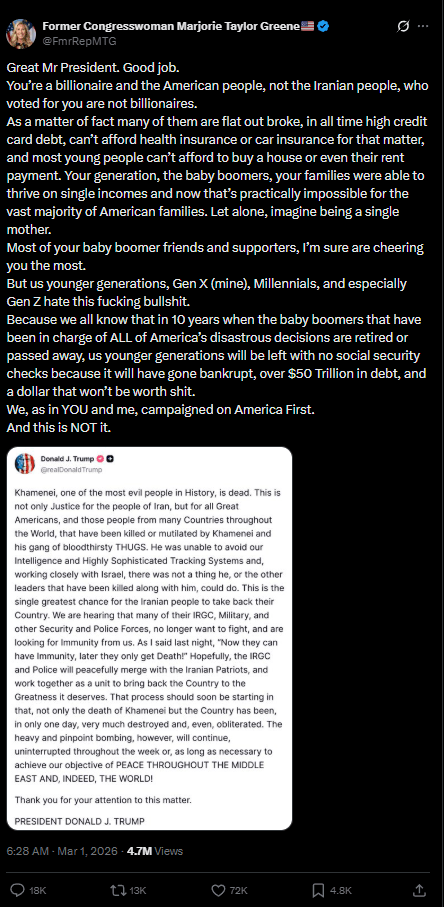 MTG opposes Trump's war on Iran, citing affordability crisis