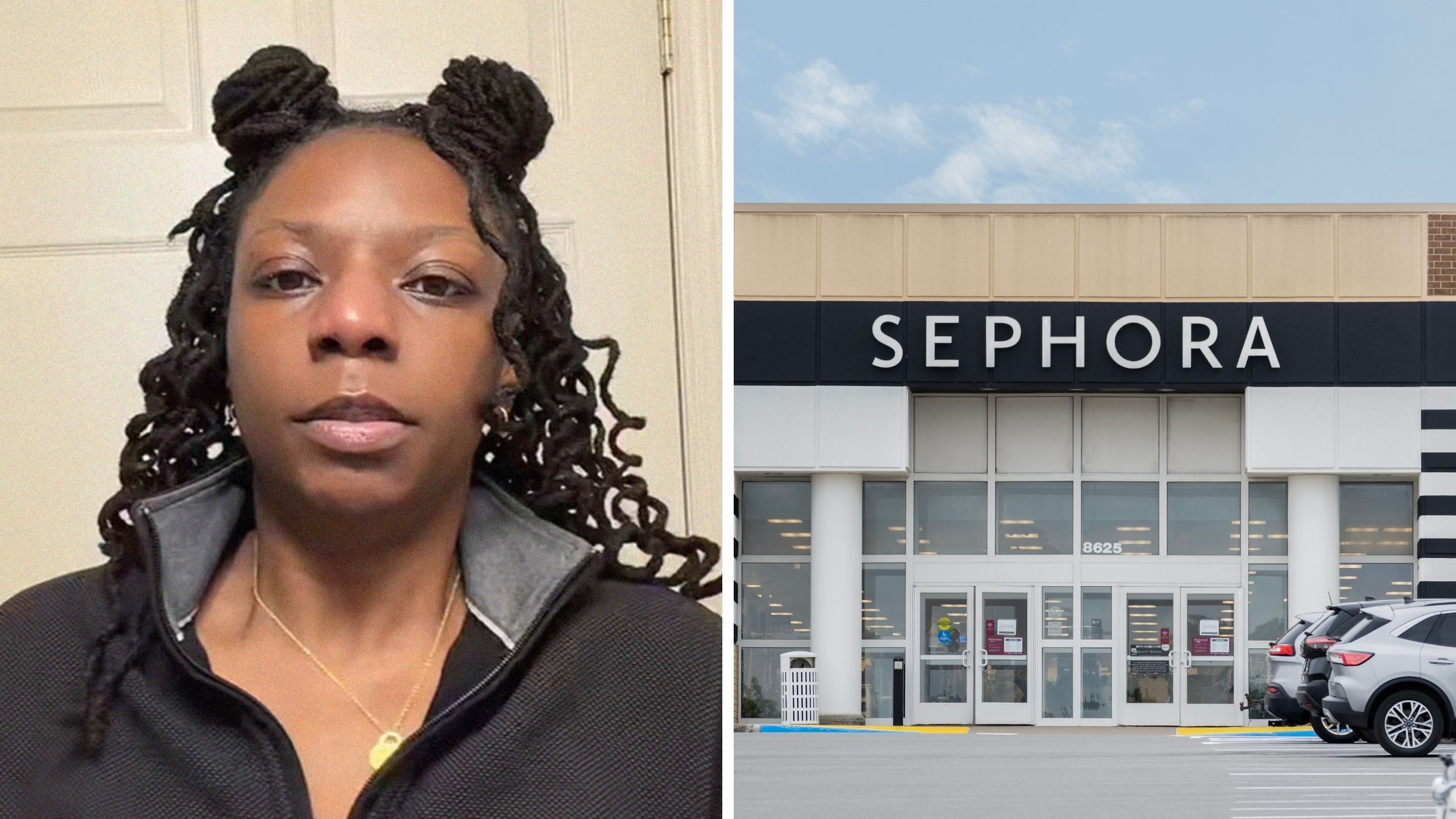 woman shares purchase issue (l) Sephora storefront (r)