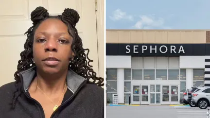 woman shares purchase issue (l) Sephora storefront (r)