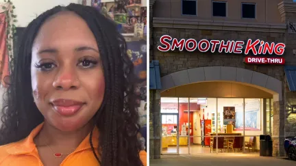 woman shares job issue (l) Smoothie King storefront (r)