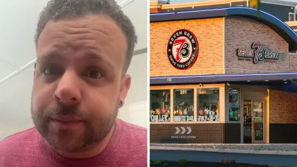 man sends message to rude customer (l) Seven Brew front entrance (r)