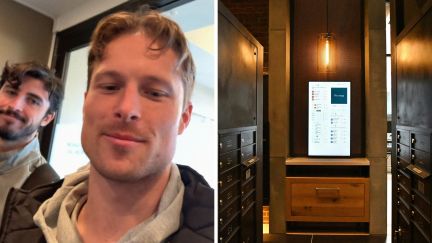 men call out neighbor (l) apartment building mailroom (r)