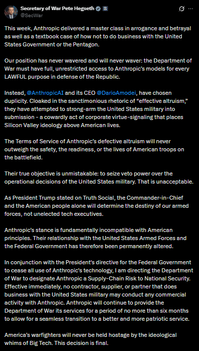 Pete Hegseth deems Anthropic a supply chain risk on X