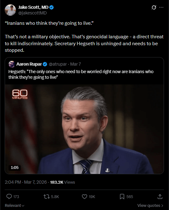 Pete Hegseth criticized for threatening to commit war crimes in Iran