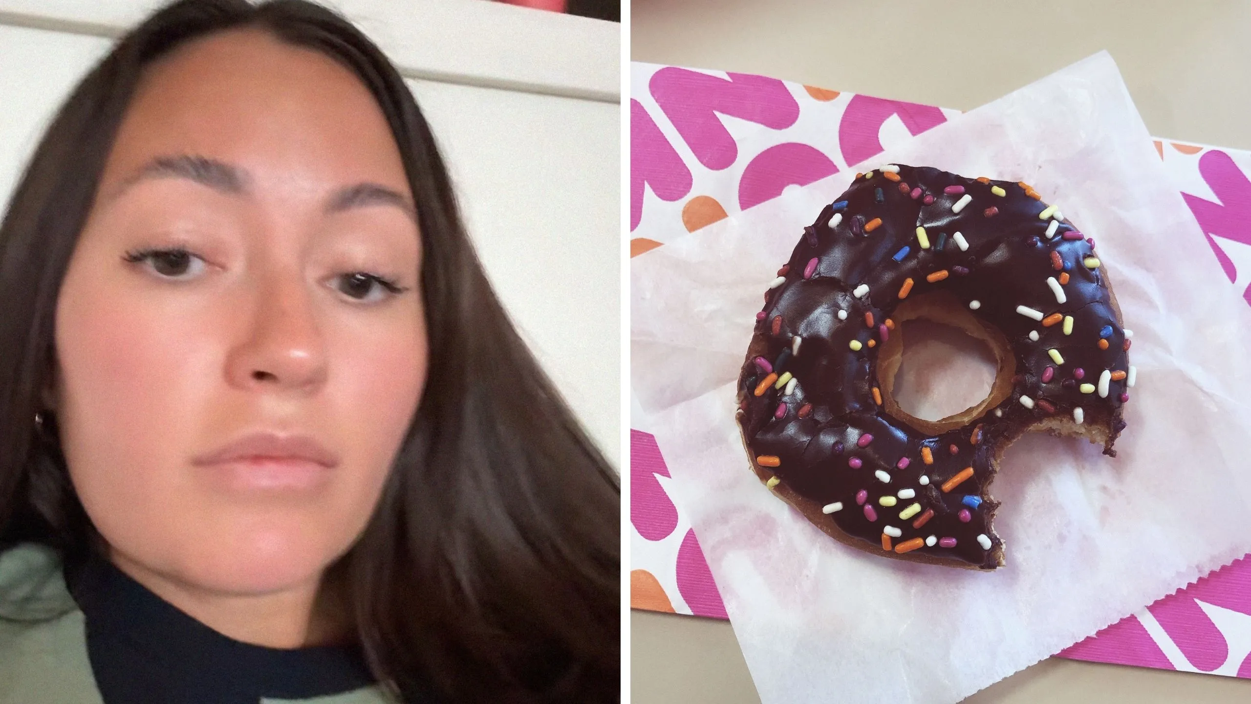 woman shares pregnancy cravings (l) dunkin frosted donuts (r)