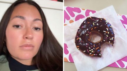 woman shares pregnancy cravings (l) dunkin frosted donuts (r)