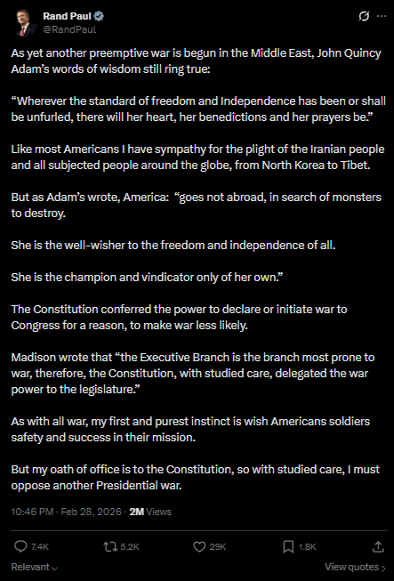 Rand Paul denounces Trump's war on Iran