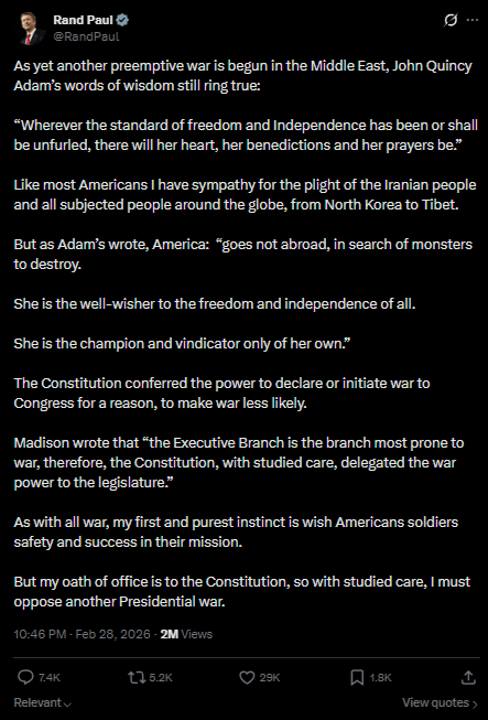 Rand Paul denounces Trump's war on Iran