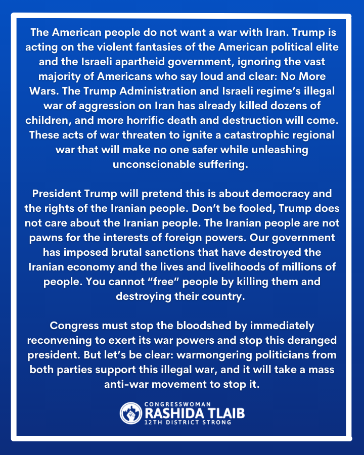 Rashida Tlaib's statement on Trump's attack on Iran