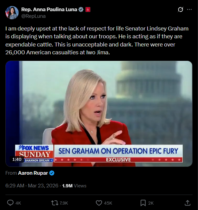 Rep Luna upset by Sen Lindsey Graham's Iwo Jima comment