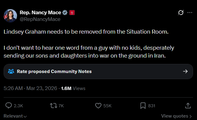 Rep Nancy Mace lashes out at Sen Lindsey Graham over potential deployment of US troops in Kharg Island