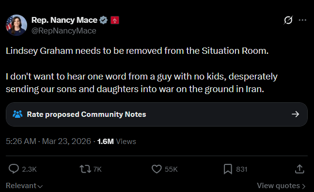 Rep Nancy Mace lashes out at Sen Lindsey Graham over potential deployment of US troops in Kharg Island