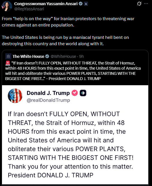 Rep. Yassamin Ansari criticizes Trump for threatening to bomb a power plant in Iran