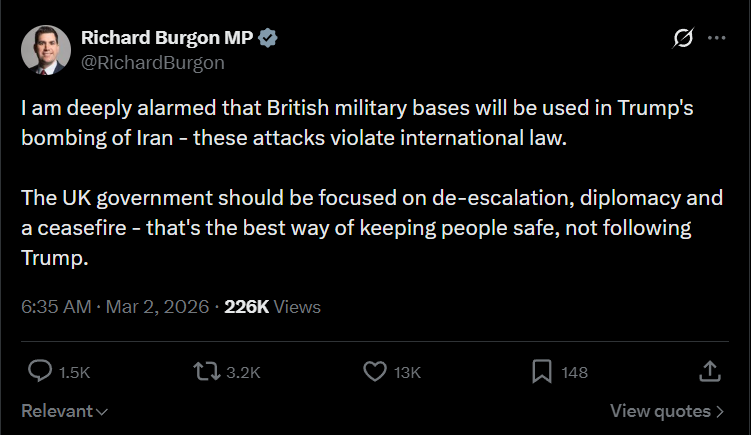 Richard Burgon condemns Keir Starmer's support for the US