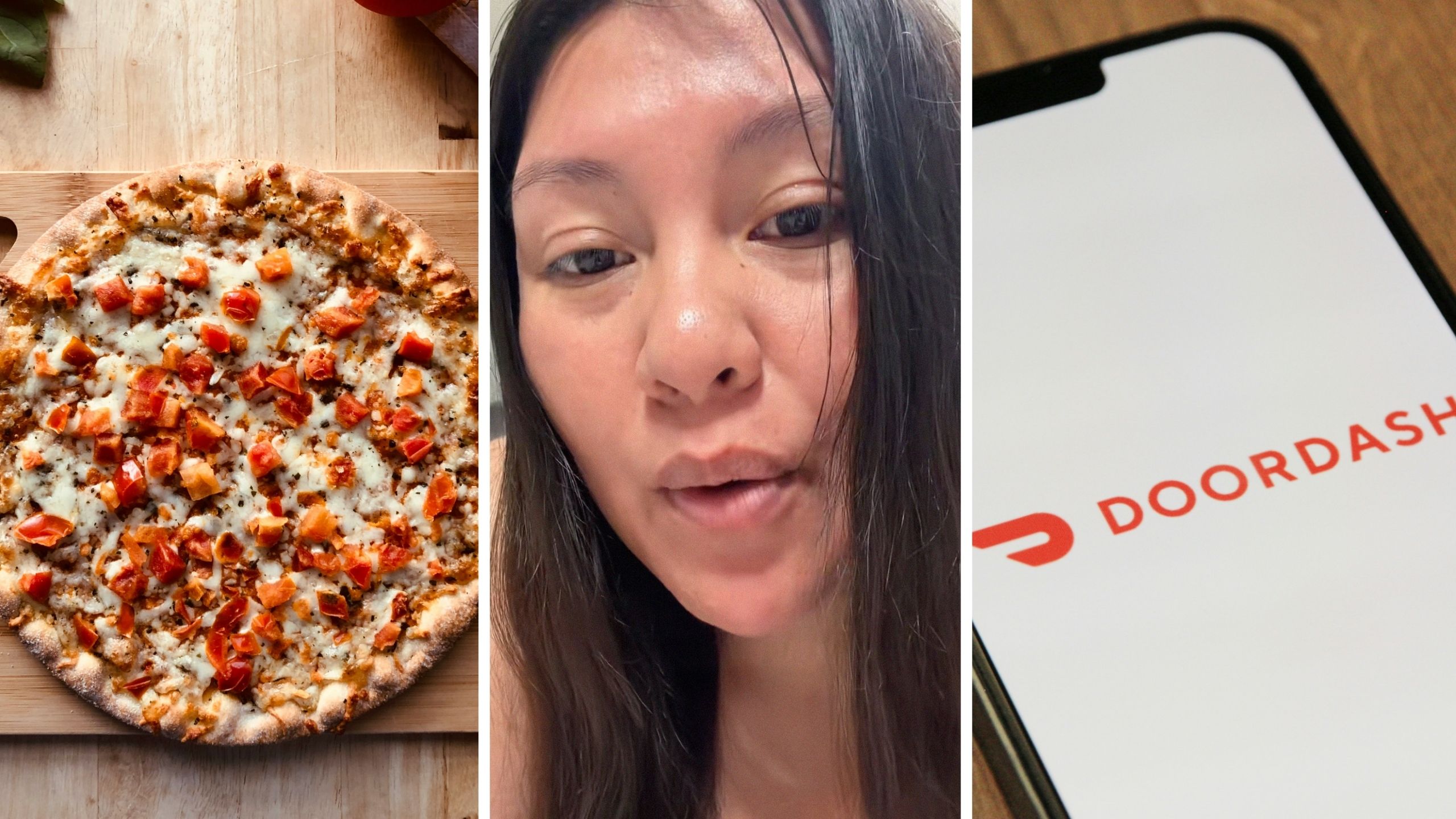pizza order (l) woman shares day in the job (c) doordash delivery (r)