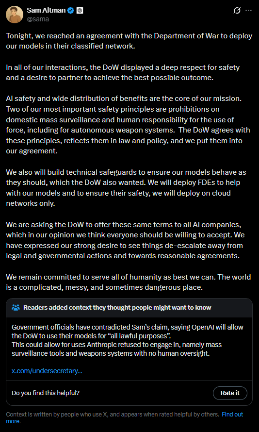 Sam Altman confirms deal made with the Department of War and OpenAI
