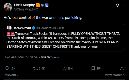 Sen. Chris Murphy says Trump has lost control of the war after threatening to bomb Iranian power plant