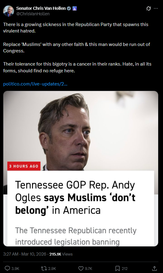 Senator Chris Van Hollen opposes anti-Muslim comments by Ogles