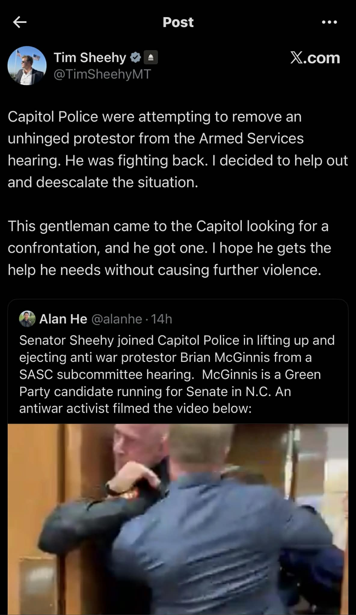 Tim Sheehy removes anti-war protestor from Capitol Hill