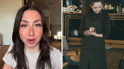 woman shares a day in the job (l) Server asks table if they have any allergies (r)