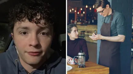 man shares job embarrassing story (l) waiter taking orders to group of 6 (r)