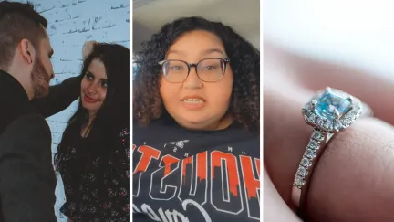 man flirting with a different woman that is not his partner (l) woman shares story she overheard in store (c) engagement ring from fiance (r)