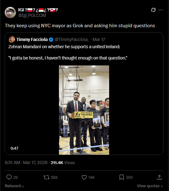 Social media reacts to Mamdani's answer to Irish reunification