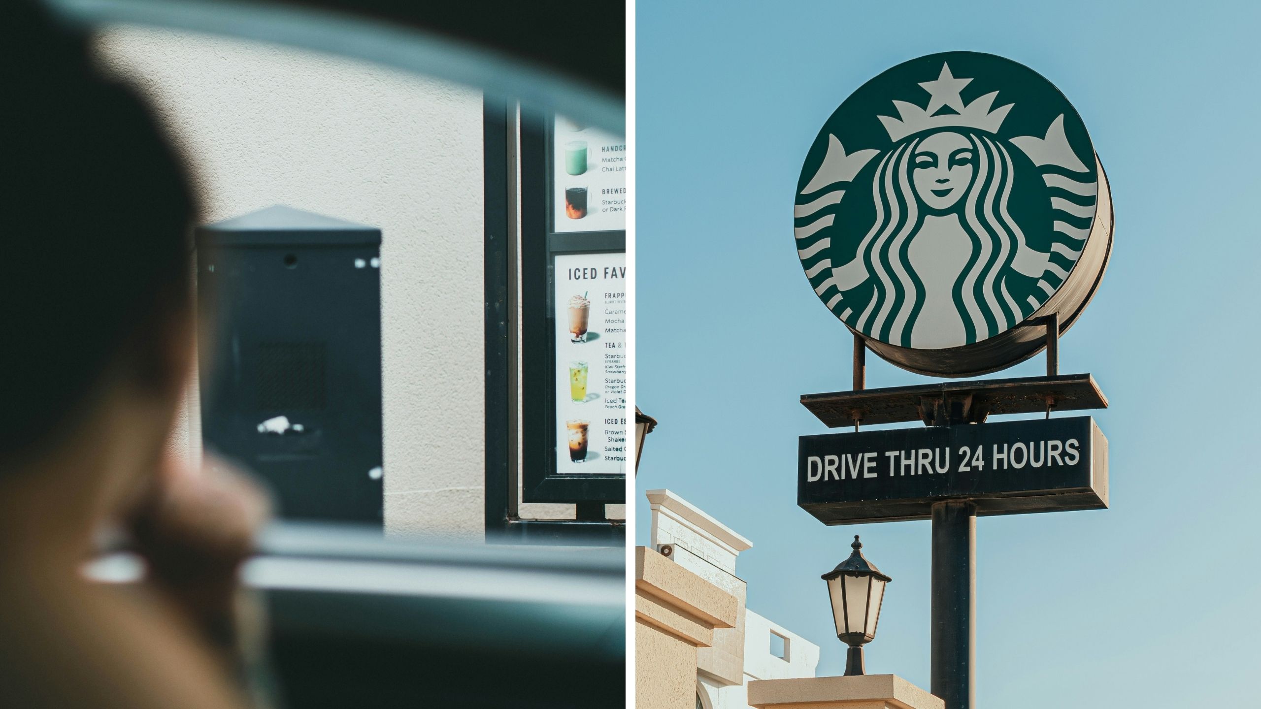 customer at drive-thru (l) Starbucks drive-thru (r)