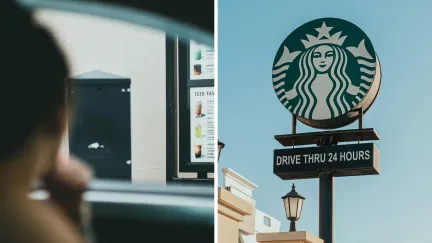customer at drive-thru (l) Starbucks drive-thru (r)