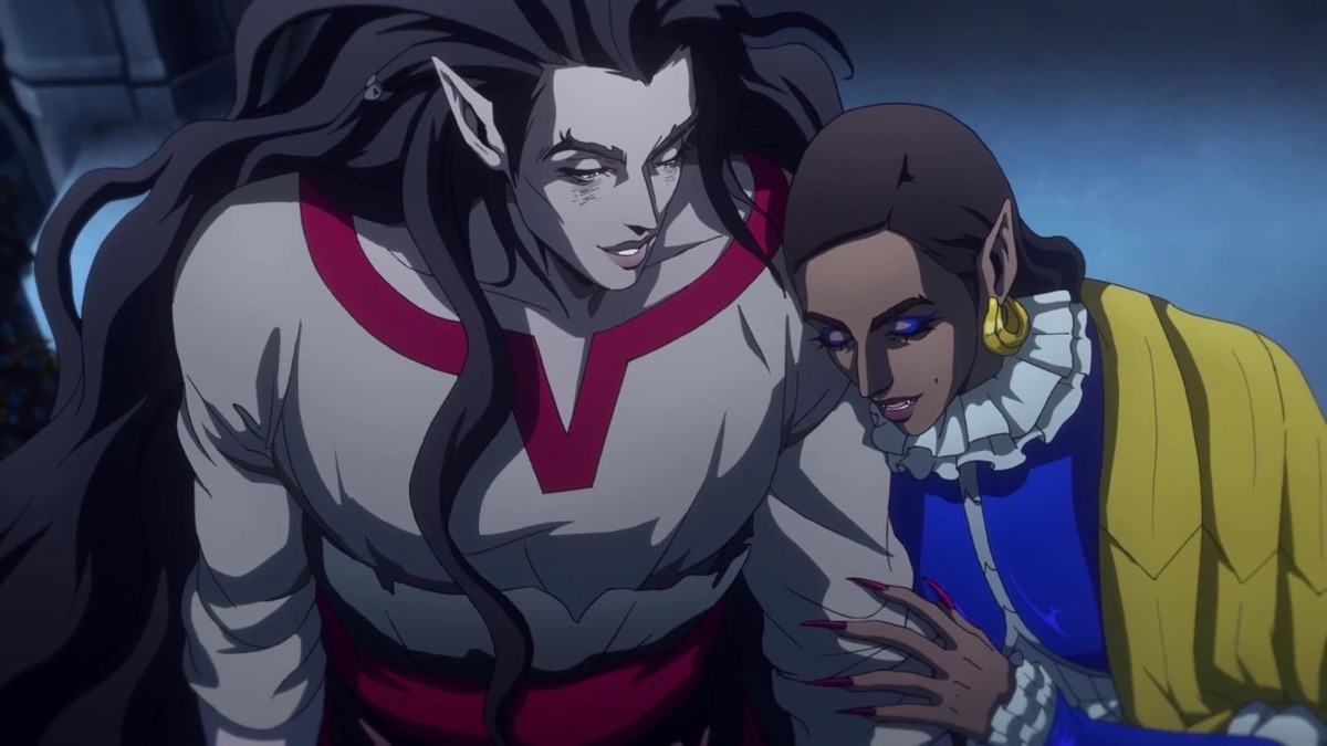 A vampire woman smiles and leans on the shoulder of her female partner in "Castlevania" 
