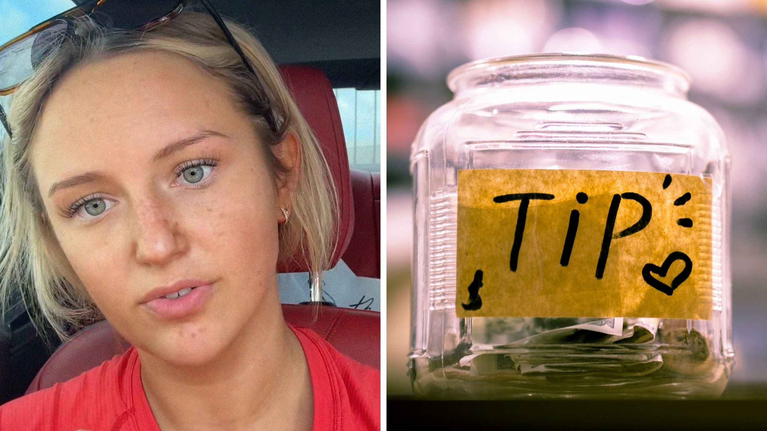 woman shares tipping experience (l) tipping jar (r)