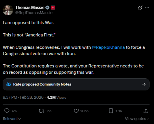 Thomas Massie wants to force a congressional vote on war in Iran