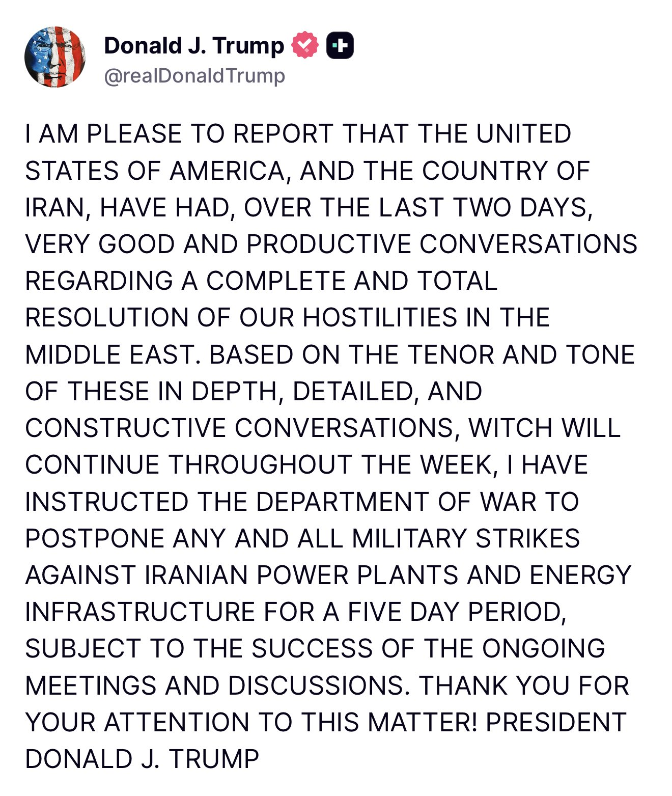 Trump posts ceasefire announcement with Iran on social media