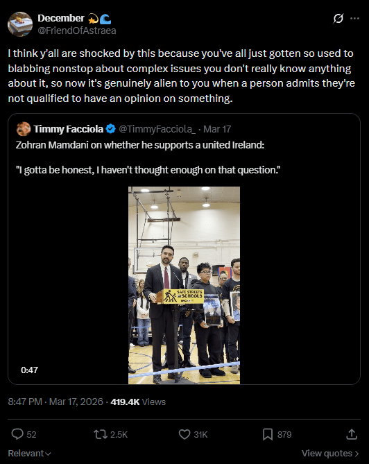 Twitter user finds it weird that Mamdani is being asked questions about Ireland