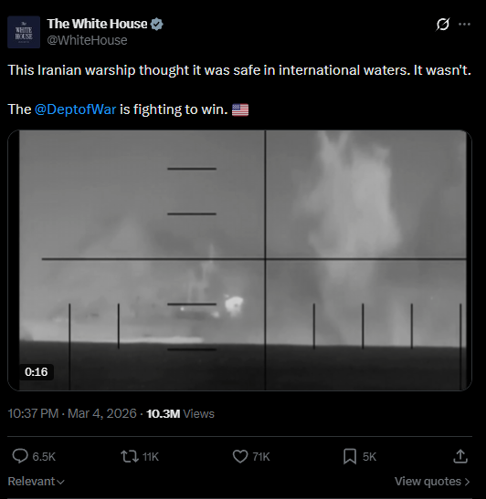 White House posts about sinking a warship from Iran