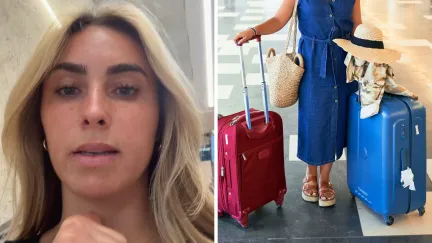 woman shares traveling issue (l) woman at airport with bags (r)